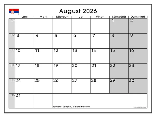 Calendar august 2026 de tipărit - Serbia