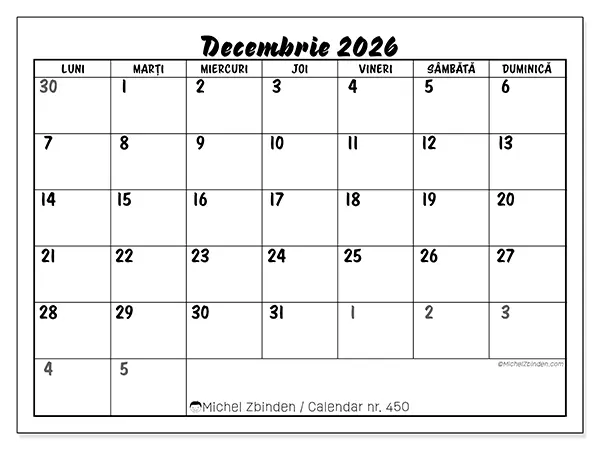 Calendar decembrie 2026 de tipărit - Model detaliat