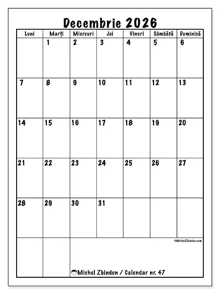 Calendar decembrie 2026 de tipărit - Planificare clară