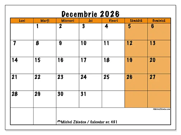 Calendar decembrie 2026 de tipărit - Planificare dinamică