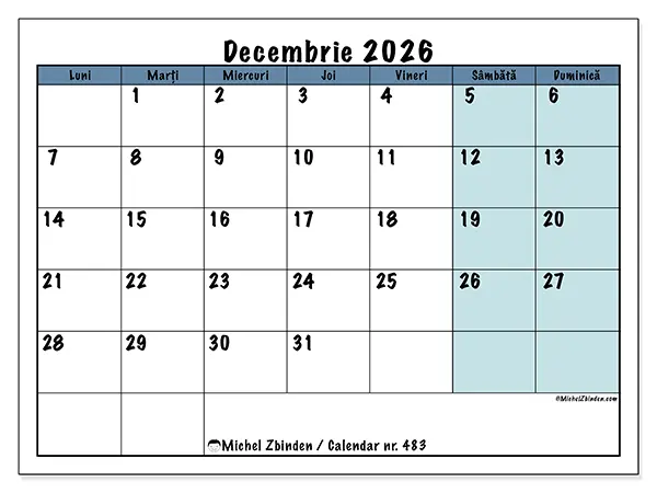 Calendar decembrie 2026 de tipărit - Structură pentru școală