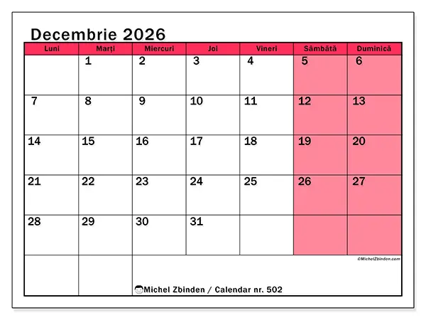 Calendar decembrie 2026 de tipărit - Gestionare luminoasă