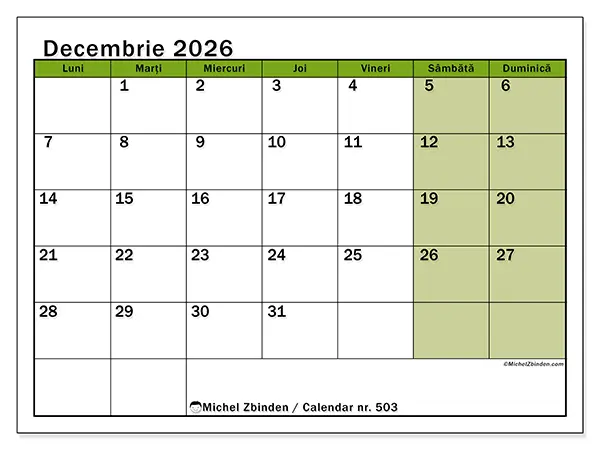 Calendar decembrie 2026 de tipărit - Culori naturale