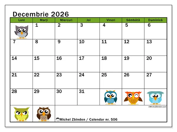 Calendar decembrie 2026 de tipărit - Bufnițe amuzante