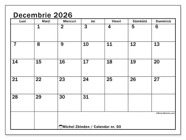 Calendar decembrie 2026 de tipărit - Lună clară