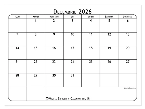 Calendar decembrie 2026 de tipărit - Planificator de mese