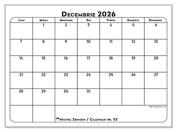 Calendar decembrie 2026 de tipărit - Plan de lucru