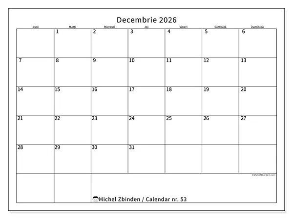 Calendar decembrie 2026 de tipărit - Program clar