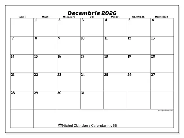 Calendar decembrie 2026 de tipărit - Timp liber