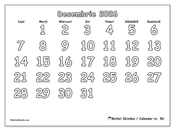 Calendar decembrie 2026 de tipărit - Colorat util