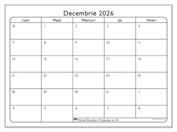 Calendar decembrie 2026 de tipărit - Zile lucrătoare