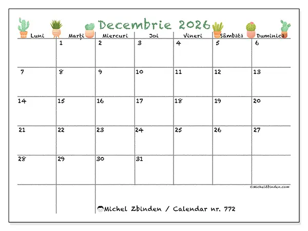 Calendar decembrie 2026 de tipărit - Cactuși decorativi