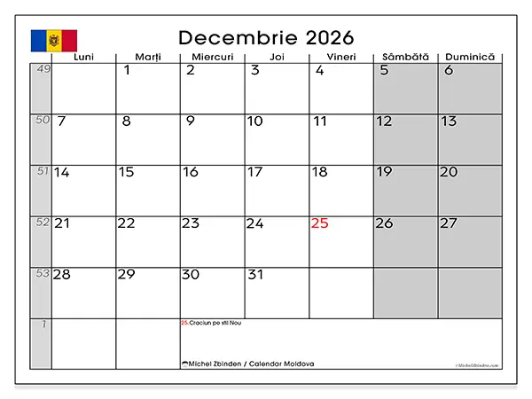 Calendar decembrie 2026 de tipărit - Moldova