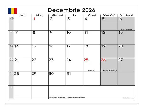 Calendar decembrie 2026 de tipărit - România