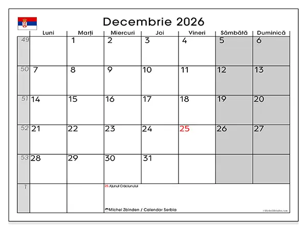 Calendar decembrie 2026 de tipărit - Serbia