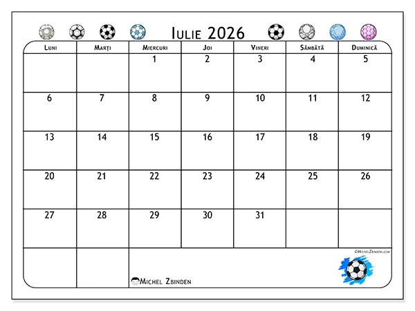 Calendar iulie 2026 de tipărit - Pasiune pentru fotbal
