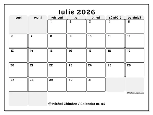 Calendar iulie 2026 de tipărit - Planificare structurată