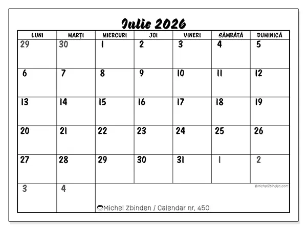 Calendar iulie 2026 de tipărit - Model detaliat