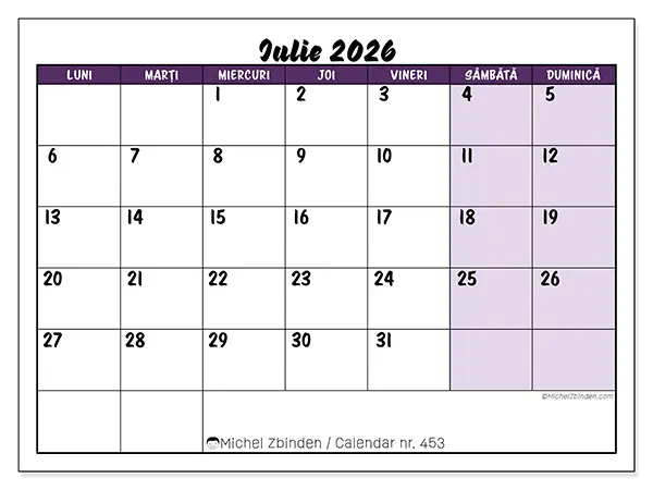 Calendar iulie 2026 de tipărit - Sarcini colorate
