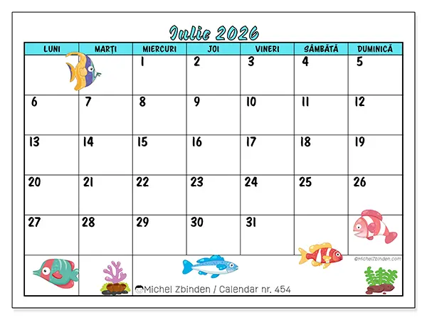 Calendar iulie 2026 de tipărit - Pești colorați