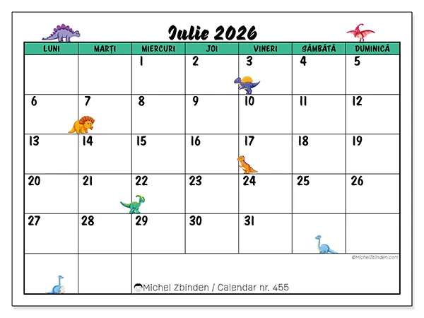 Calendar iulie 2026 de tipărit - Dinozauri mici