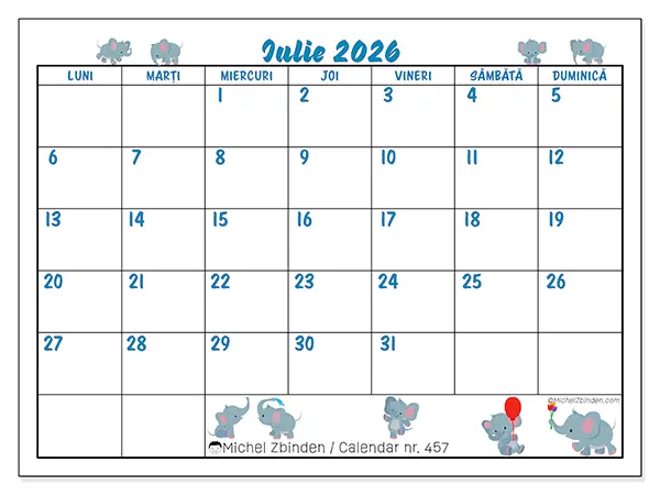 Calendar iulie 2026 de tipărit - Elefanți mici
