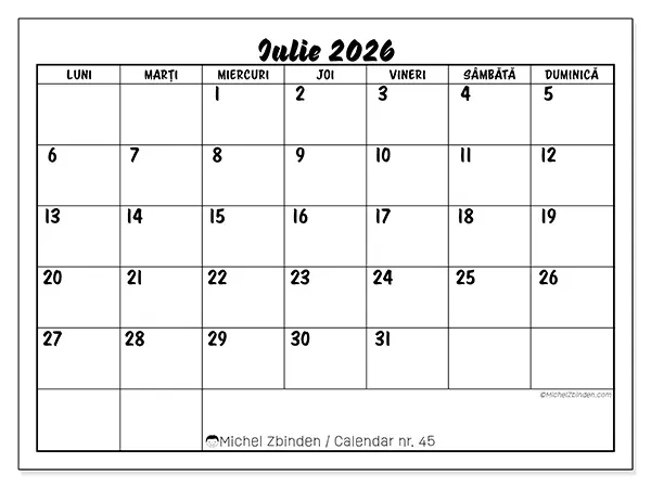 Calendar iulie 2026 de tipărit - Succes școlar