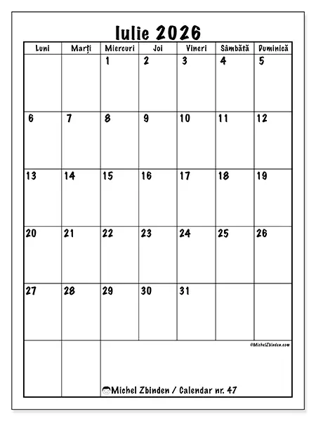 Calendar iulie 2026 de tipărit - Planificare clară