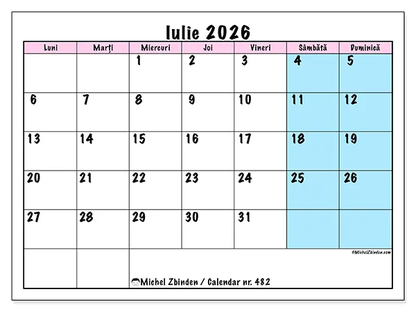 Calendar iulie 2026 de tipărit - Program de echipă