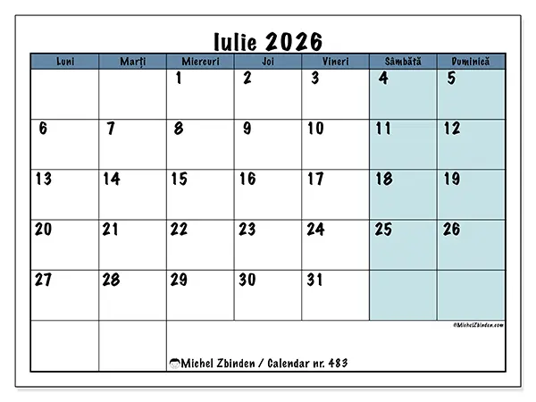 Calendar iulie 2026 de tipărit - Structură pentru școală