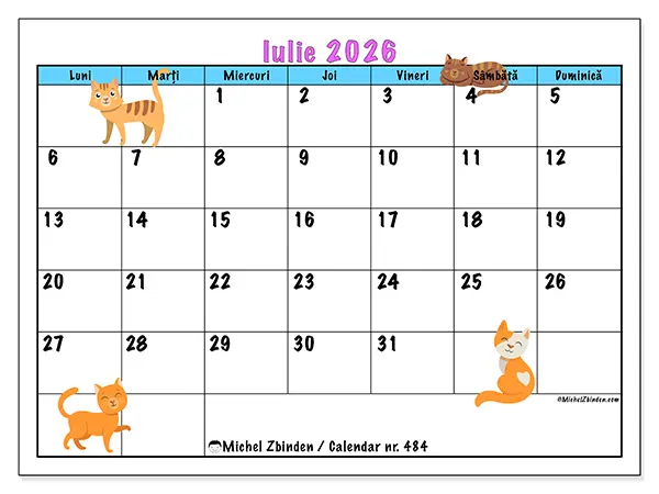 Calendar iulie 2026 de tipărit - Dragoste pentru pisici