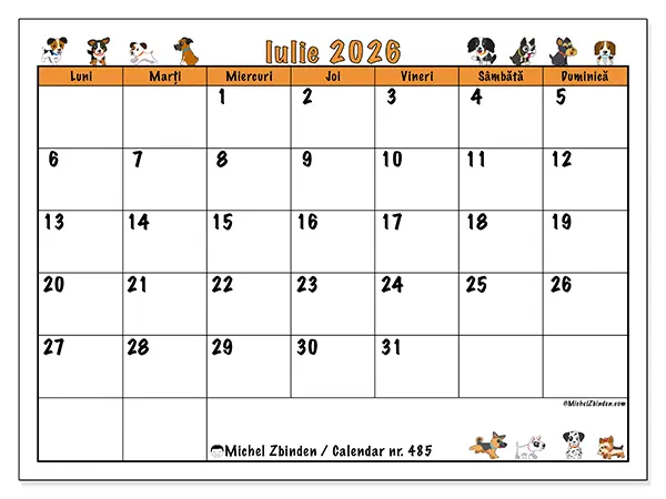 Calendar iulie 2026 de tipărit - Câini entuziaști