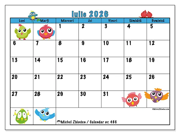 Calendar iulie 2026 de tipărit - Păsări amuzante