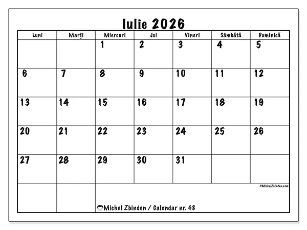 Calendar iulie 2026 de tipărit - Planuri zilnice