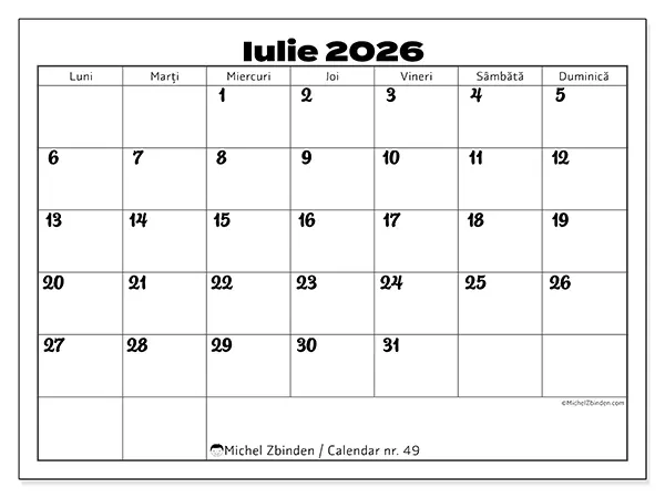 Calendar iulie 2026 de tipărit - Coordonarea muncii