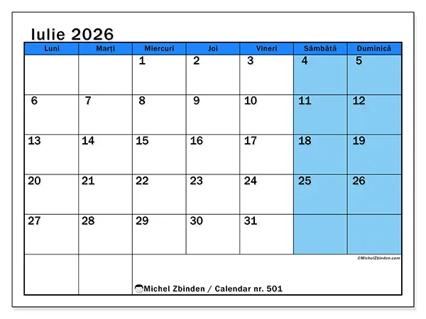 Calendar iulie 2026 de tipărit - Studii dinamice