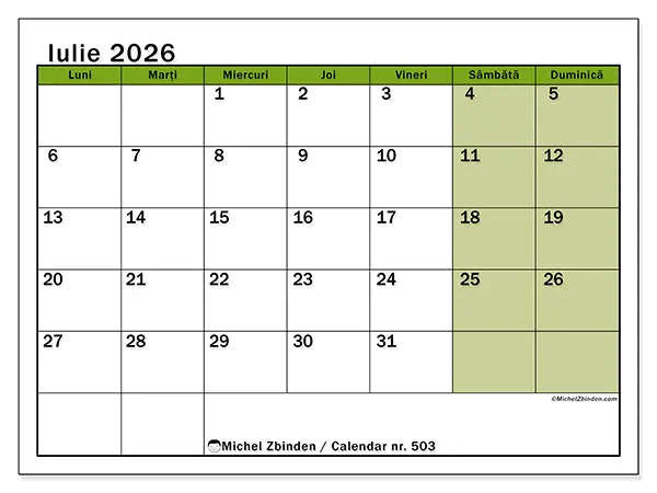 Calendar iulie 2026 de tipărit - Culori naturale