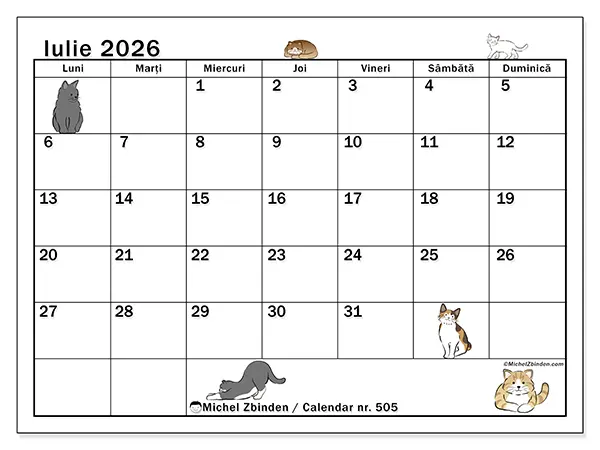 Calendar iulie 2026 de tipărit - Viață de pisică
