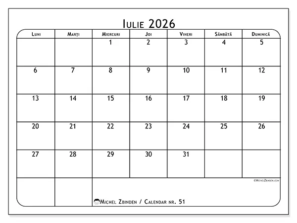 Calendar iulie 2026 de tipărit - Planificator de mese
