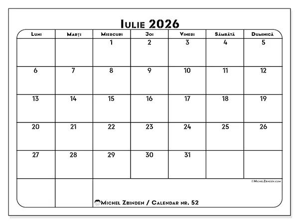 Calendar iulie 2026 de tipărit - Plan de lucru