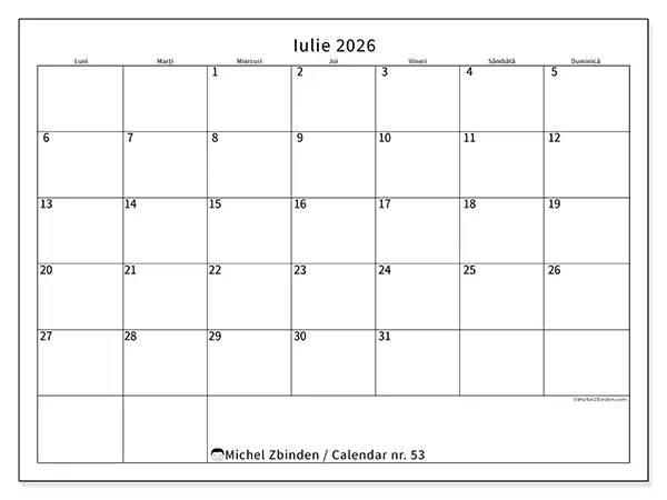 Calendar iulie 2026 de tipărit - Program clar