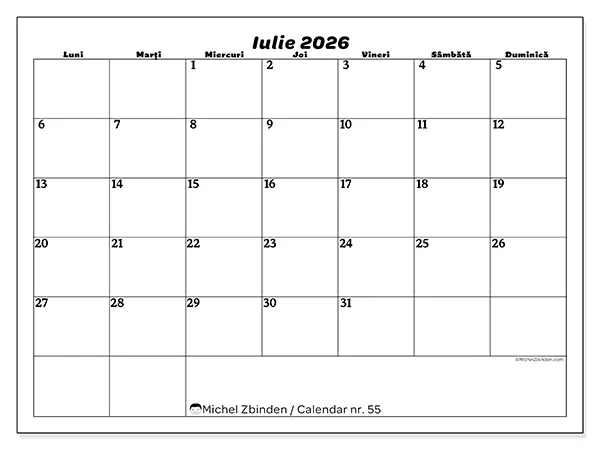 Calendar iulie 2026 de tipărit - Timp liber
