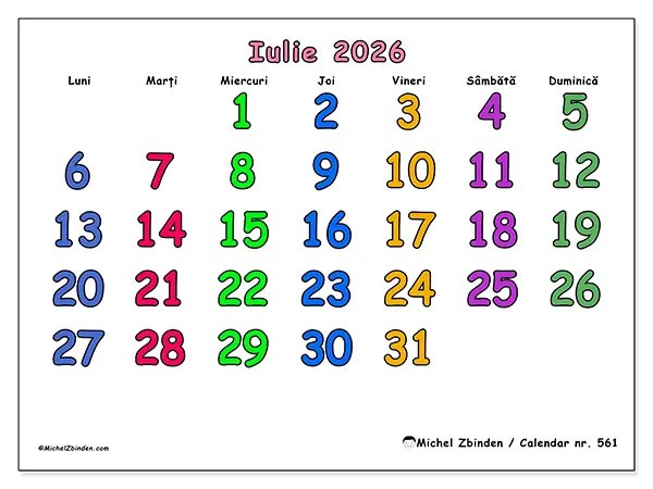 Calendar iulie 2026 de tipărit - Momente creative