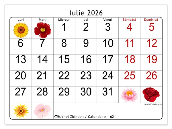 Calendar iulie 2026 de tipărit - Flori mari