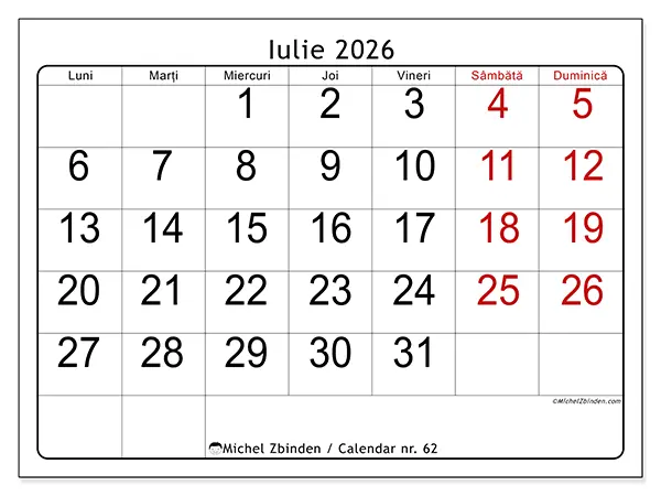 Calendar iulie 2026 de tipărit - Vedere rapidă