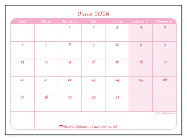 Calendar iulie 2026 de tipărit - Aspect calm