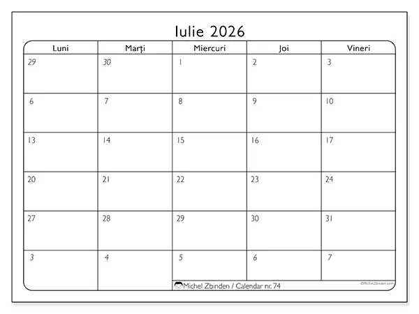 Calendar iulie 2026 de tipărit - Zile lucrătoare