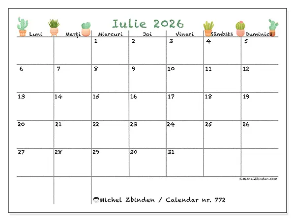 Calendar iulie 2026 de tipărit - Cactuși decorativi