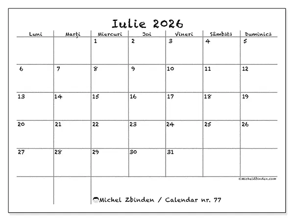 Calendar iulie 2026 de tipărit - Școală și familie