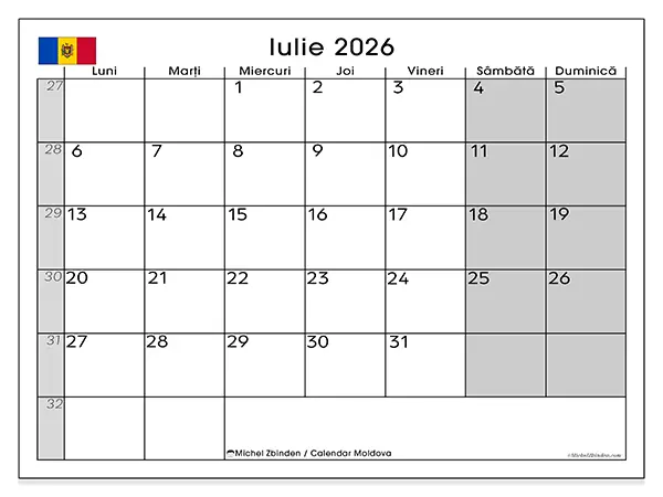 Calendar iulie 2026 de tipărit - Moldova